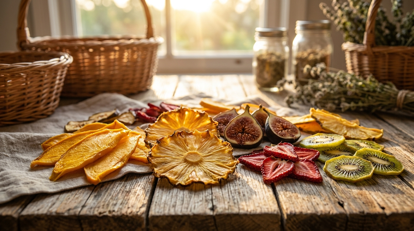 Sunlit table with dehydrated fruit and natural snack ingredients